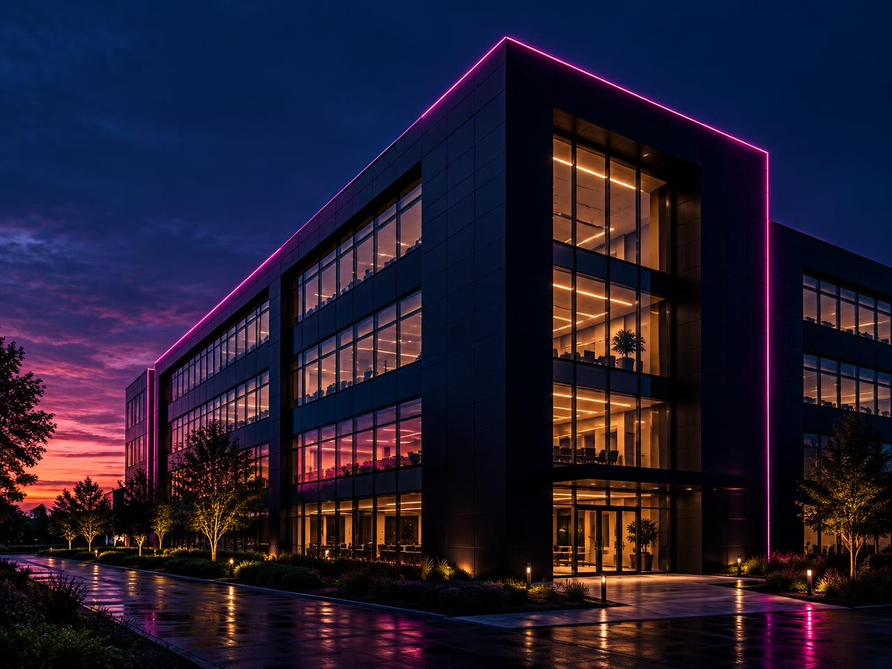 Sede corporativa moderna iluminada ao anoitecer