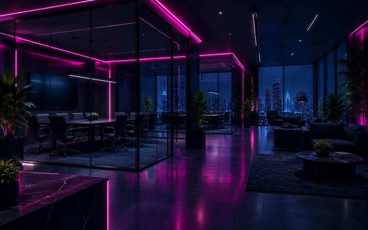 Escritório corporativo moderno com salas de vidro e iluminação tecnológica