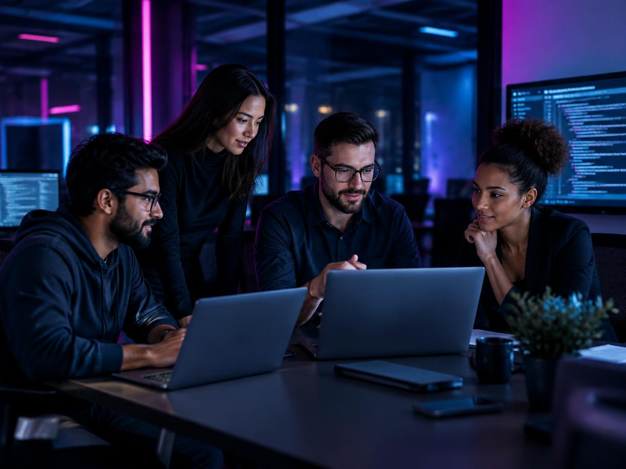 Equipe de tecnologia colaborando em escritório moderno